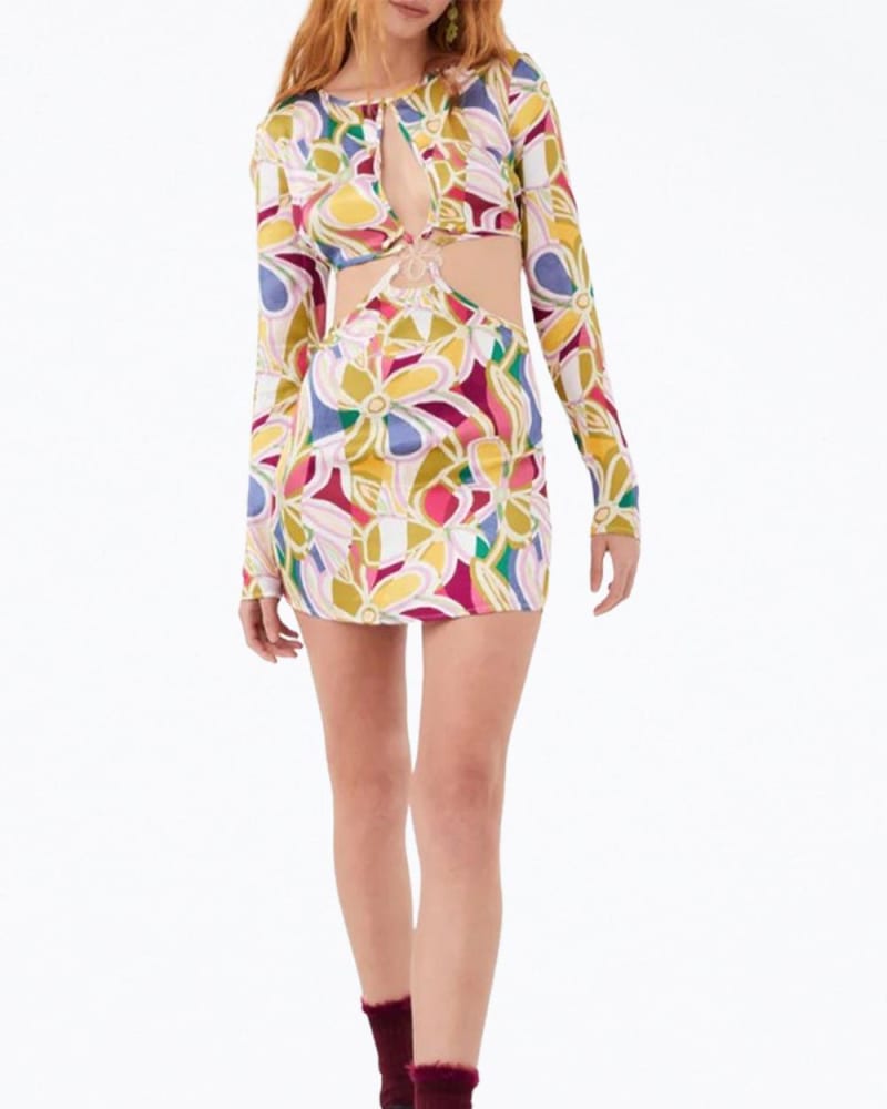 Front of a model wearing a size L Thora Cutout Long Sleeve Mini Dress in Green in Green by for Love & Lemons. | dia_product_style_image_id:342477
